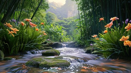 Poster - Tropical valley, bamboo, flower blooms, stream in the mountain. Generative AI.