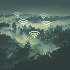 Canvas Print - Exploring the fusion of nature and technology through a forest's silhouette transformed into Wi-Fi signals on a connectivity backdrop.