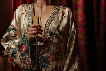 Wall Mural - woman in an embroidered silk robe holding a champagne flute