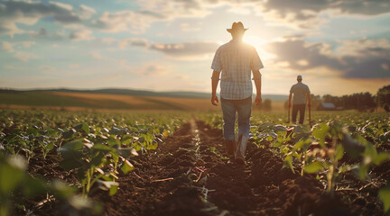 Leinwandbilder - A farmers are walking forward with shovels at farmland. Generative AI.