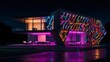 An ultramodern house featuring a kaleidoscope of neon lights against a sleek, dark background Generative AI
