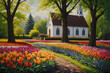 Tulips blooming with a church background