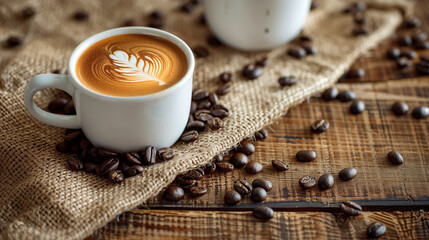 Wall Mural - Coffee beans and cup of coffee on wooden table, freshness, burlap, cappuccino, coffee cup