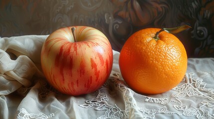 Wall Mural - Apple and orange on a lace cloth