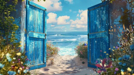Wall Mural - Open Blue Doors Revealing a Sandy Path to the Serene Beach