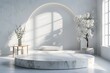 Minimalist White Marble Podium Elevating Luxury Lifestyle Product Display in Scandinavian Living Room