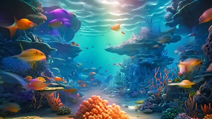 Wall Mural - Underwater scene with coral reef and fish. 3d render illustration, AI Generated