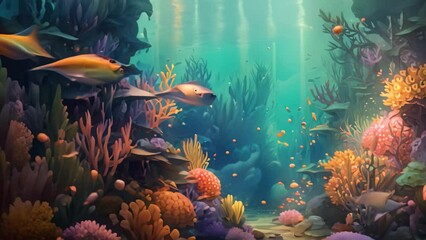 Wall Mural - Underwater world with corals and tropical fish. 3D rendering, AI Generated