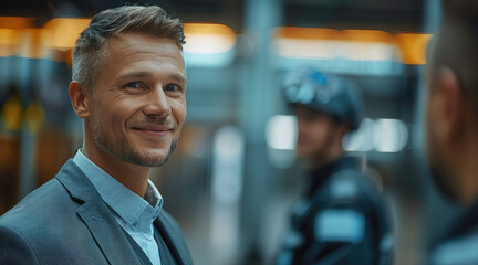 Poster - The young director of the plant in a gray suit, smiles at the security guard of the enterprise. Generative AI.