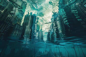  Underwater city in disarray, surreal flooded metropolis, abstract digital art illustration