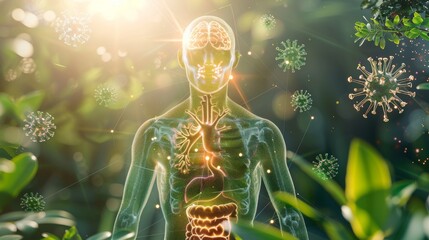 Conceptual image of human body with highlighted immune system responding to invading virus particles among green foliage.