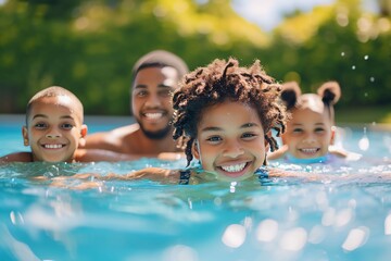 Wall Mural - African family swimming together in the swimming pool