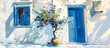 Oil painting of Greek house with orange tree . Summer landscape banner
