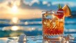 A cocktail with fruit garnish in a rocks glass with water condensation on the glass, on an outdoor table beach background. Generative AI.