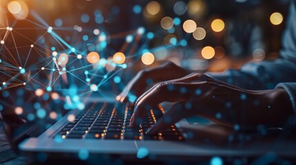 Poster - Person Typing on Laptop Against Bright Background
