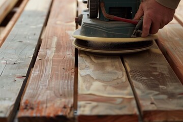 Canvas Print - homeowner sanding a wooden table with an orbital sander