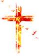 Cross silhouette in hand-painted style. Colorful religion symbol with flying birds