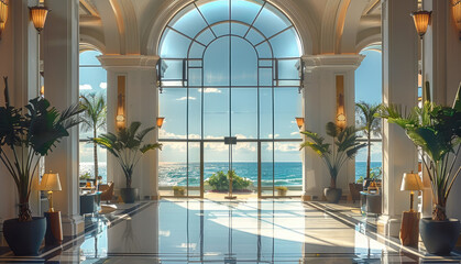 Aufkleber - Grand hotel lobby with panoramic window and ocean view. Generative AI.