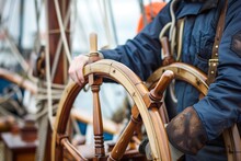 Crew Member Steering Wooden Ship Wheel