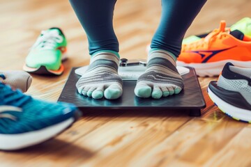 Wall Mural - closeup of socked feet on a scale, flanked by running shoes on the floor