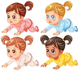 Sticker - Four cute babies crawling in colorful outfits