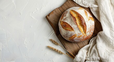 Freshly baked bread loaf with a golden crust showcased on a rustic wooden