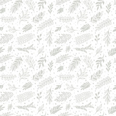 Poster - White leaf seamless vector pattern with hand drawn leaves, minimalist print