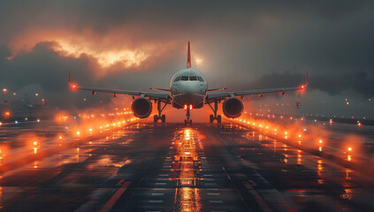 Wall Mural - Airplane is taxiing on wet runway in the rain