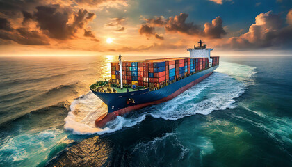 A cargo ship loaded with containers Sailing off the sea with a cloudy sunset background