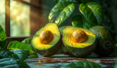 Wall Mural - Fresh avocados and avocado leaves on wooden table