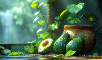 Wall Mural - Avocados and pot with leaves