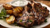 Fototapeta  - A tempting plate of BBQ lamb chops, showcasing tender lamb chops marinated in a flavorful herb and garlic marinade, grilled to perfection and served with roasted potatoes and mint yogurt sauce.