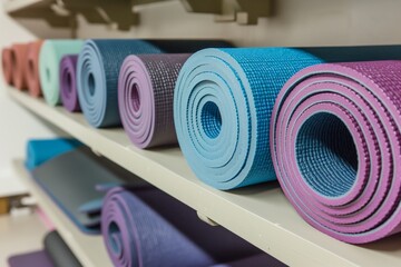 Wall Mural - row of yoga mats rolled up on shelf