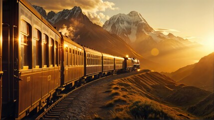 Wall Mural - A yellow train is on tracks in front of a mountain the sun is setting behind the mountains