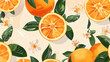 Orange background, pattern and juice. drawn illustrations of oranges with flowers and leaves for poster, card or textile, evoking the joy and energy of the sunny season in a cap, Generative AI.