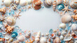Coastal composition with diverse seashells and starfish border on textured light background. Ocean-inspired design element with space for text.