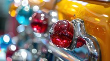 Vintage Car Tail Lights And Chrome Details With Colorful Reflections Suggesting A Classic Auto Show Setting. Retro Automotive Nostalgia.