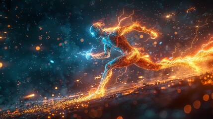 Poster - Graph of digital man running with lightning element, concept of sport science