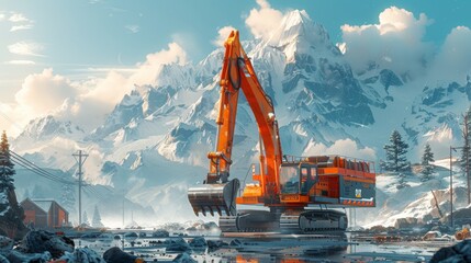 Poster - Excavator, truck, and crane in construction site, concept of construction industry.
