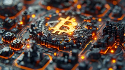 Poster - An electronic board pattern combined with a bitcoin symbol represents an online cryptocurrency trading concept in a digital technological theme.