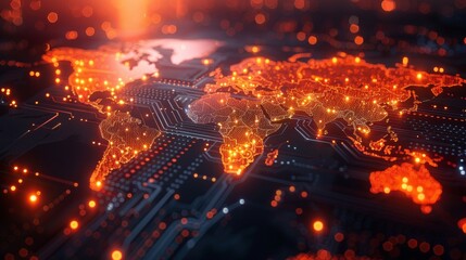 Poster - An electronic board pattern and a world map depicting global networking or digital technology communication