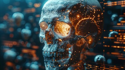 Aufkleber - An illustration of a realistic skull with a digital analysis interface, representing a concept of health care technology
