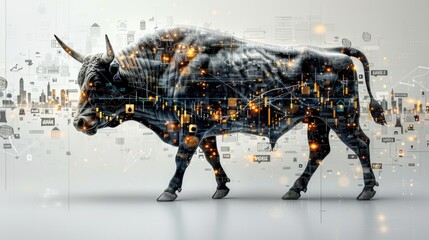 Aufkleber - Combined shape of the bull with candles and business finance icons to represent bullishness in stock exchanges