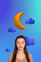 Sticker - Vertical collage picture young cute girl sleepover dream harmony moon clouds sky closed eyes have nap drawing background