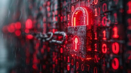 Poster - Image of a padlock with chain on a background of digital binary code, depicting cyber security