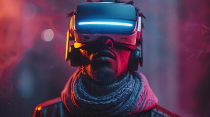 Poster - Virtual reality technology concept with futuristic element, man wearing VR headset