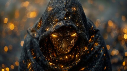 Fototapete - An illustration of a hacker in hooded sweatshirt combined with computer programming scripts in the form of a cybercrime concept