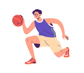 Poster - Basketball player. Man athlete playing sport game, dribbling ball. Male character, young active guy in action, training, exercising, workout. Flat vector illustration isolated on white background