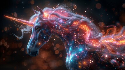 Poster - An electronic pattern is combined with a graphic of a unicorn to represent a business startup