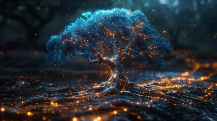 Poster - Blue cyber polygon tree with futuristic elements based on network connection technology.